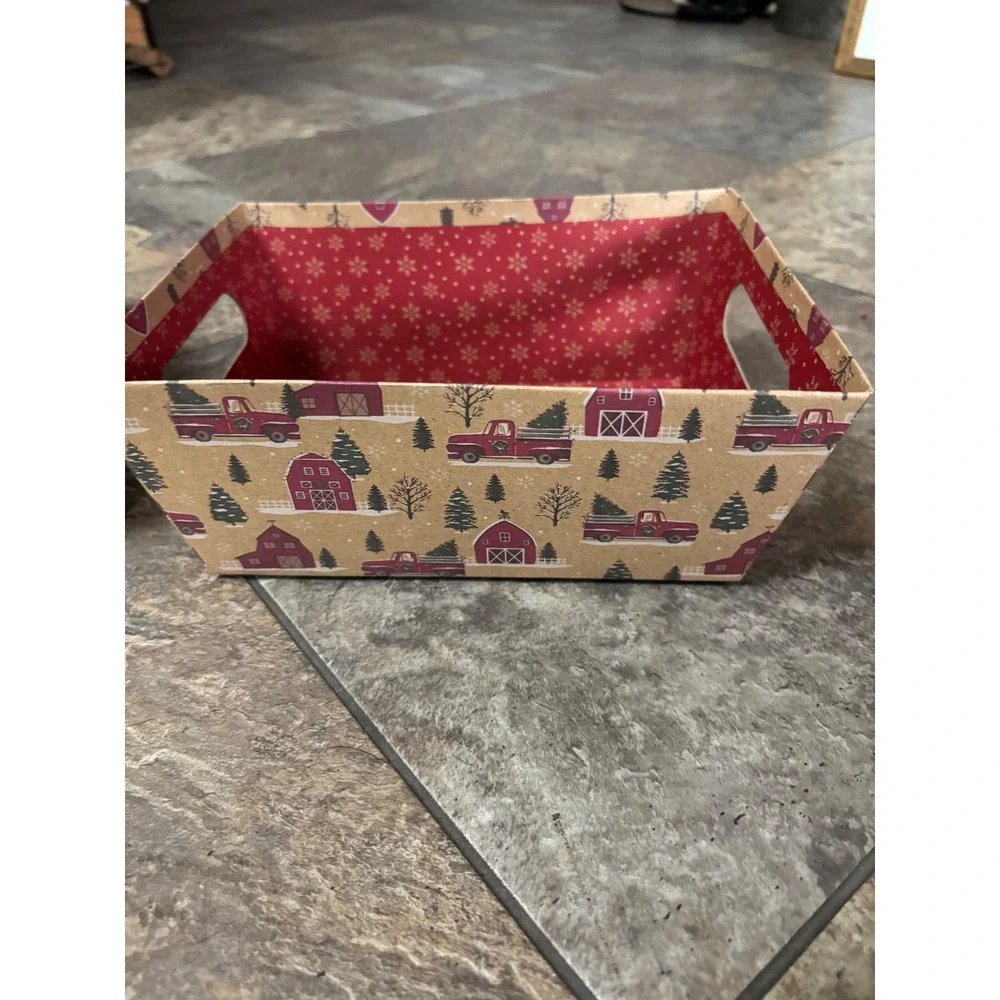 Christmas Farmhouse Cardboard Storage Bins Red Truck Barn Set of 3 Holiday Decor